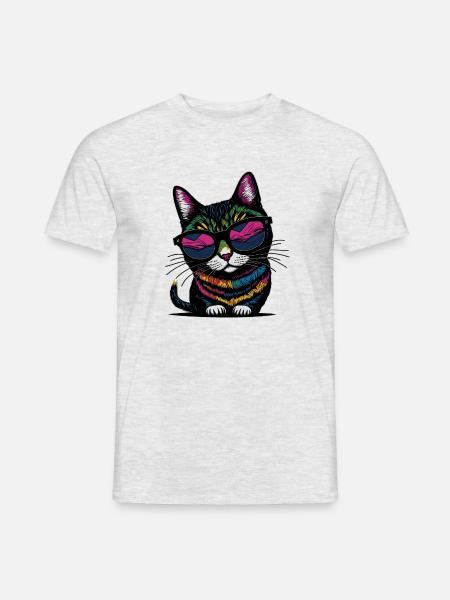 Happy Katze mit Sonnenbrille - Männer T-Shirt - Grau meliert