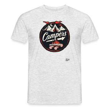 Camper-Maskottchen: Lagerfeuer und Zelte - Männer T-Shirt - Grau meliert - Vorne - AI Model Male 178 dark (178cm)