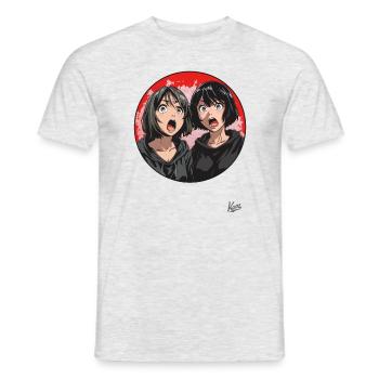 Zwei erstaunte Cartoon-Mädchen - Männer T-Shirt - Grau meliert - Vorne - AI Model Male 178 dark (178cm)