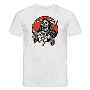 Grim Reaper lit un magazine d’affaires et rit - T-shirt homme - gris chiné - Devant - AI Model Male 178 dark (178cm)