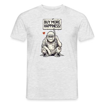 Satirical Gorilla with Shield: Buy More Happiness - Men's T-Shirt - heather grey - Front - AI Model Male 178 dark (178cm)