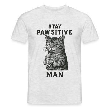 Coole Katze mit Bubble Tea - Stay Pawsitive - Männer T-Shirt - Grau meliert - Vorne - AI Model Male 178 dark (178cm)