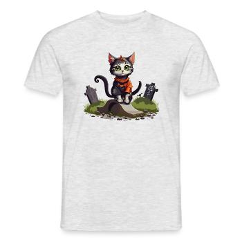 Katze Halloween Friedhof - Männer T-Shirt - Grau meliert - Vorne - AI Model Male 178 dark (178cm)