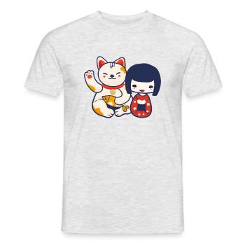 Poupée Kokeshi avec un chat qui porte le chat de Maneki Neko - T-shirt homme - gris chiné - Devant - AI Model Male 178 dark (178cm)