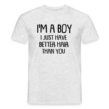 Je suis un garçon, j’ai juste les cheveux longs que toi - T-shirt homme - gris chiné - Devant - AI Model Male 178 dark (178cm)