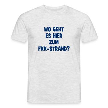 Wo geht es hier zum FKK-Strand? - Männer T-Shirt - Grau meliert - Vorne - AI Model Male 178 dark (178cm)
