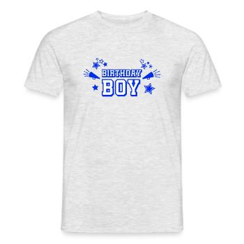 Text "Birthday Boy" mit Sternen und Megaphon - Männer T-Shirt - Grau meliert - Vorne - AI Model Male 178 dark (178cm)