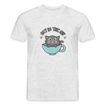 Chat gris de dessin animé mignon dans la tasse - T-shirt homme - gris chiné - Devant - AI Model Male 178 dark (178cm)