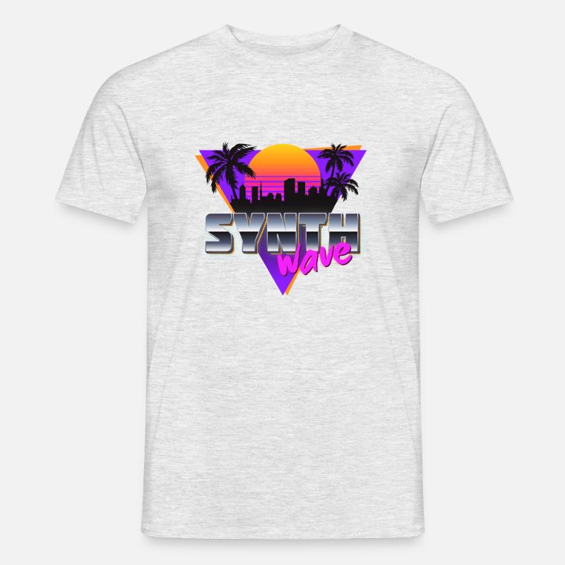 Synthwave City and Palms - Männer T-Shirt - Grau meliert