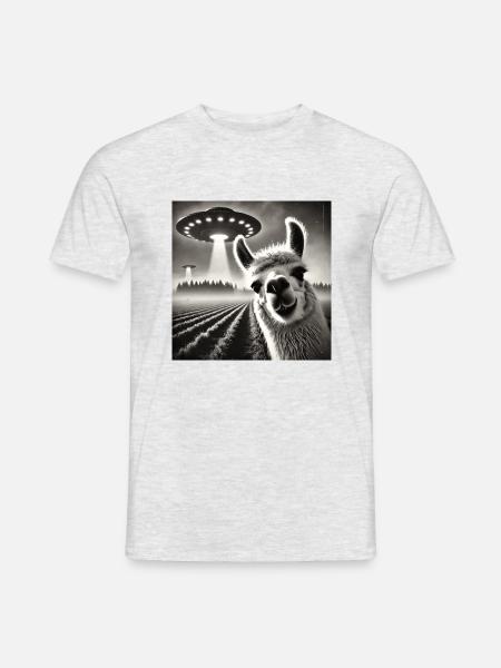 Lustig Llama Alpaka UFO Selfie Alien - Männer T-Shirt - Grau meliert
