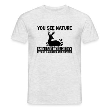 Tu vois la nature Je vois un cerf, Jerky, Steaks 4 - T-shirt homme - gris chiné - Devant - AI Model Male 178 dark (178cm)