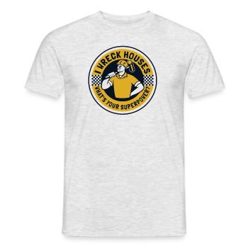 Ich zerstöre Häuser Was ist dein Superkrafthaus - Männer T-Shirt - Grau meliert - Vorne - AI Model Male 178 dark (178cm)