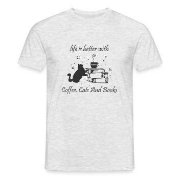 Bücher lesen, Katzen und Kaffee Ironic Kitty - Männer T-Shirt - Grau meliert - Vorne - AI Model Male 178 dark (178cm)