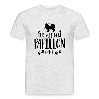 DER MIT PAPILLON GEHT Hundespruch Hund Wilsigns - Männer T-Shirt - Grau meliert - Vorne - AI Model Male 178 dark (178cm)