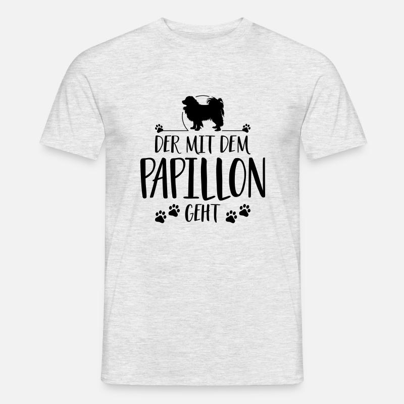 DER MIT PAPILLON GEHT Hundespruch Hund Wilsigns - Männer T-Shirt - Grau meliert