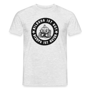 Education is good, biceps are good in color: black - Men's T-Shirt - heather grey - Front - AI Model Male 178 dark (178cm)