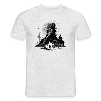 Sci-Fi 8Bit Szenario in einer zerstörten Welt - Männer T-Shirt - Grau meliert - Vorne - AI Model Male 178 dark (178cm)