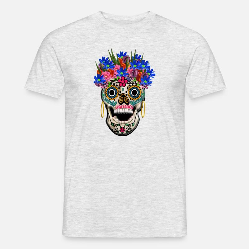 Crâne décoré de fleurs, jour sélénium / Muertos - T-shirt homme - gris chiné