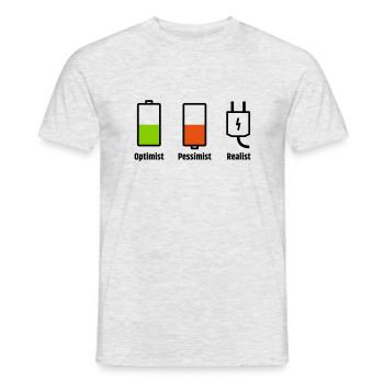 Akku-Philosophie: Optimist Pessimist Realist - Männer T-Shirt - Grau meliert - Vorne - AI Model Male 178 dark (178cm)