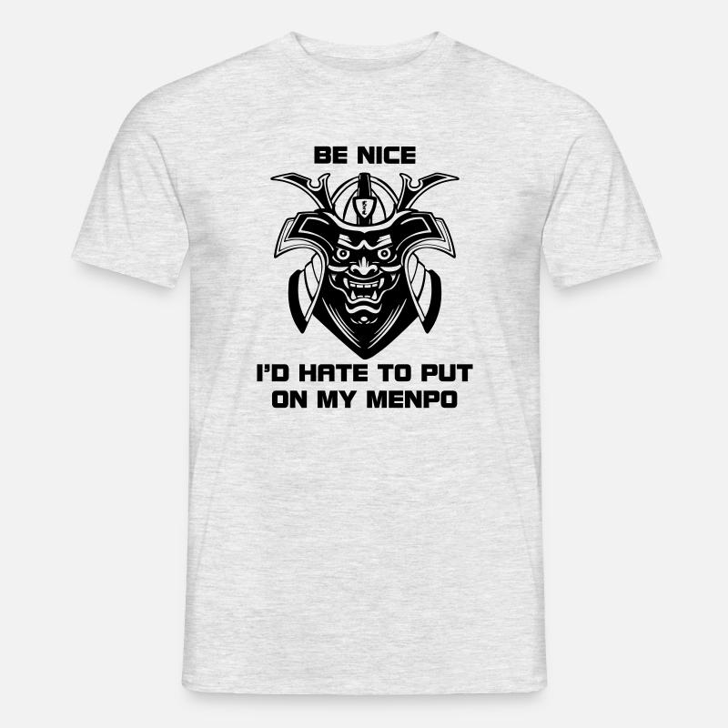 Menpo Warnung – Sei freundlich! - Männer T-Shirt - Grau meliert