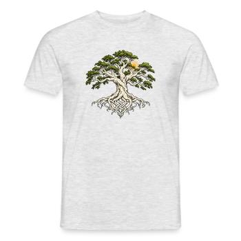 Yggdrasil Lebensbaum mit Wurzelknoten und Sonne - Männer T-Shirt - Grau meliert - Vorne - AI Model Male 178 dark (178cm)