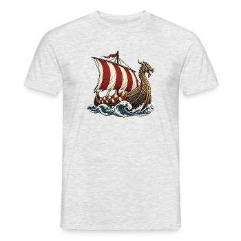Wikingerschiff mit Drachenkopf und rotem Segel - Männer T-Shirt - Grau meliert - Vorne - AI Model Male 178 dark (178cm)