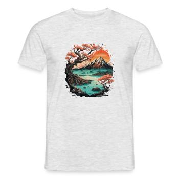 Japanese style mountain with sakura flowers - Men's T-Shirt - heather grey - Front - AI Model Male 178 dark (178cm)