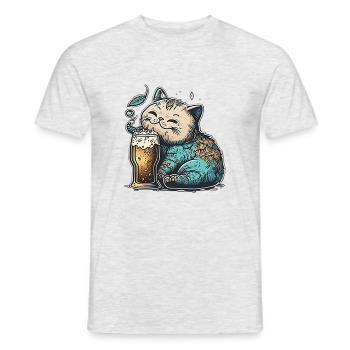 Chat heureux avec de la bière - T-shirt homme - gris chiné - Devant - AI Model Male 178 dark (178cm)