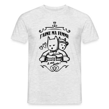 Chat motard - J'aime ma femme et ma moto - T-shirt homme - gris chiné - Devant - AI Model Male 178 dark (178cm)