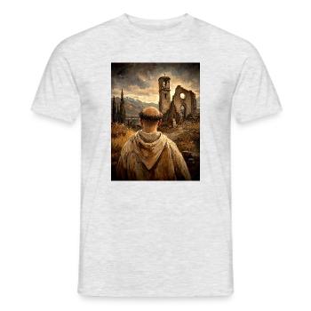 Mönch vor Ruinen bei Sonnenuntergang - Männer T-Shirt - Grau meliert - Vorne - AI Model Male 178 dark (178cm)