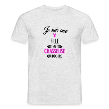 je suis chasseuse qui déchire et fille - T-shirt homme - gris chiné - Devant - AI Model Male 178 dark (178cm)