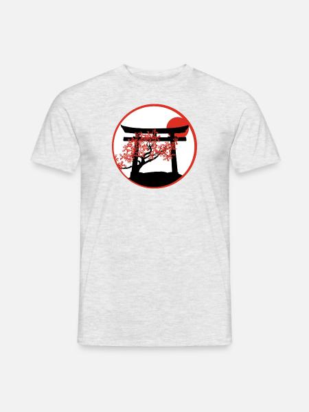 Ruhiger Sonnenuntergang: Torii-Tor und Kirschbaum - Männer T-Shirt - Grau meliert