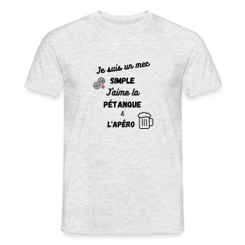 Je suis un mec simple. J'aime la pétanque et l'apé - T-shirt homme - gris chiné - Devant - AI Model Male 178 dark (178cm)
