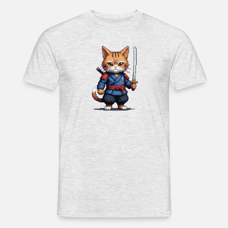 Samurai-Katze Pixelkunst - Männer T-Shirt - Grau meliert