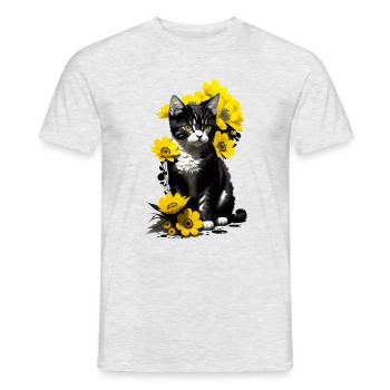 Chaton assis avec des fleurs jaunes - T-shirt homme - gris chiné - Devant - AI Model Male 178 dark (178cm)