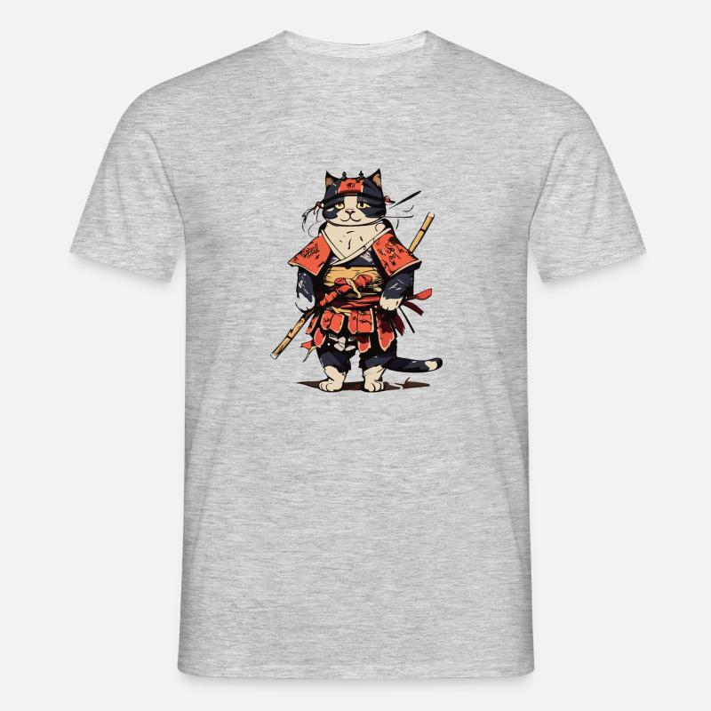 Katzen Samurai - Männer T-Shirt - Grau meliert