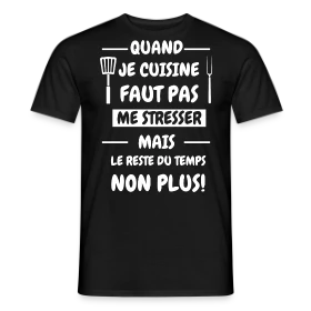 Maquette de T-shirt homme « Tablier de Cuisine Humour : Pas de Stress en Cuisine ! » à imprimer et personnaliser
