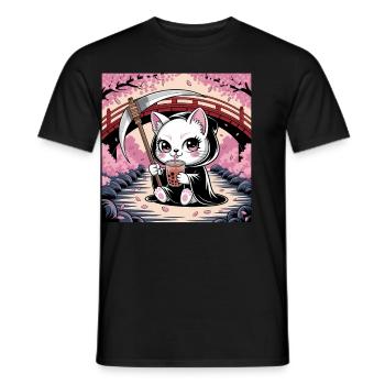 Grim Reaper Anime Cat Cherry Blossom - Men's T-Shirt - black - Front - AI Model Male 178 light (178cm)