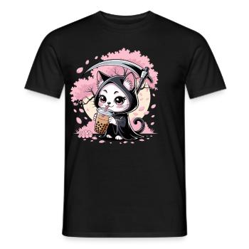 Grim Reaper Anime Cat Cherry Blossom - Men's T-Shirt - black - Front - AI Model Male 178 light (178cm)
