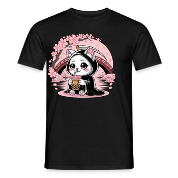 Grim Reaper Anime Cat Cherry Blossom - Men's T-Shirt - black - Front - AI Model Male 178 light (178cm)