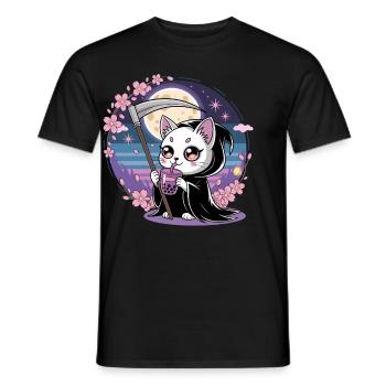Grim Reaper Anime Cat Cherry Blossom - Men's T-Shirt - black - Front - AI Model Male 178 light (178cm)