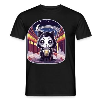 Grim Reaper Anime Cat Cherry Blossom - Men's T-Shirt - black - Front - AI Model Male 178 light (178cm)