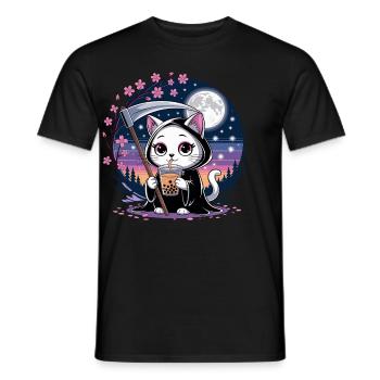 Grim Reaper Anime Cat Cherry Blossom - Men's T-Shirt - black - Front - AI Model Male 178 light (178cm)