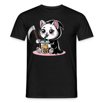 Grim Reaper Anime Cat Cherry Blossom - Men's T-Shirt - black - Front - AI Model Male 178 light (178cm)