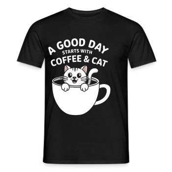 Kitten morning coffee and cat - Men's T-Shirt - black - Front - AI Model Male 178 light (178cm)