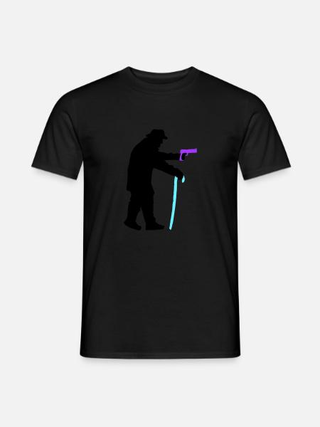 Grandpa robber silhouette with walking stick and gun - Men's T-Shirt - black
