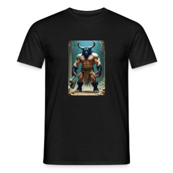 Minotaur, massive bull-headed warrior gripping axe - Men's T-Shirt - black - Front - AI Model Male 178 light (178cm)