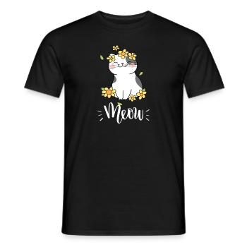 Chat mignon kawaii drôle avec des tournesols disant miaulement - T-shirt homme - noir - Devant - AI Model Male 178 light (178cm)