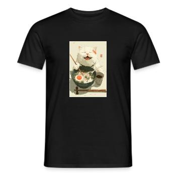 Glückliche weiße Katze isst Ramen - Männer T-Shirt - Schwarz - Vorne - AI Model Male 178 light (178cm)