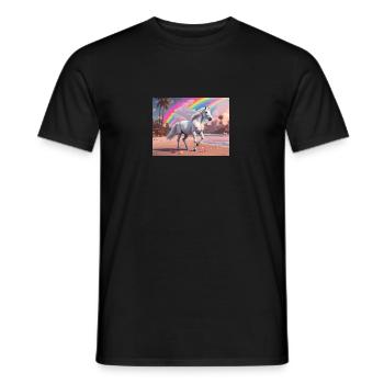 Unicorn on a magical beach with rainbow - Men's T-Shirt - black - Front - AI Model Male 178 light (178cm)